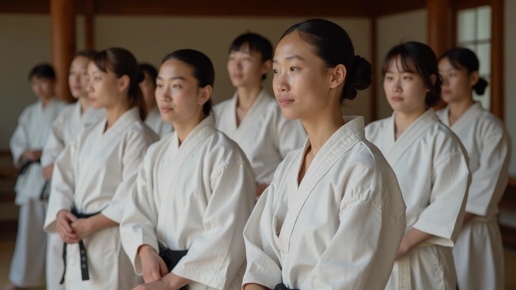 Multiple people of different ages practicing martial arts or meditation in peaceful dojo setting, demonstrating continuous skill development