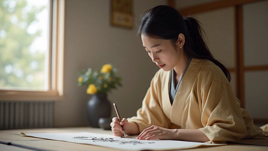 Woman practicing calligraphy with focused concentration demonstrating intentional learning and traditional skill development