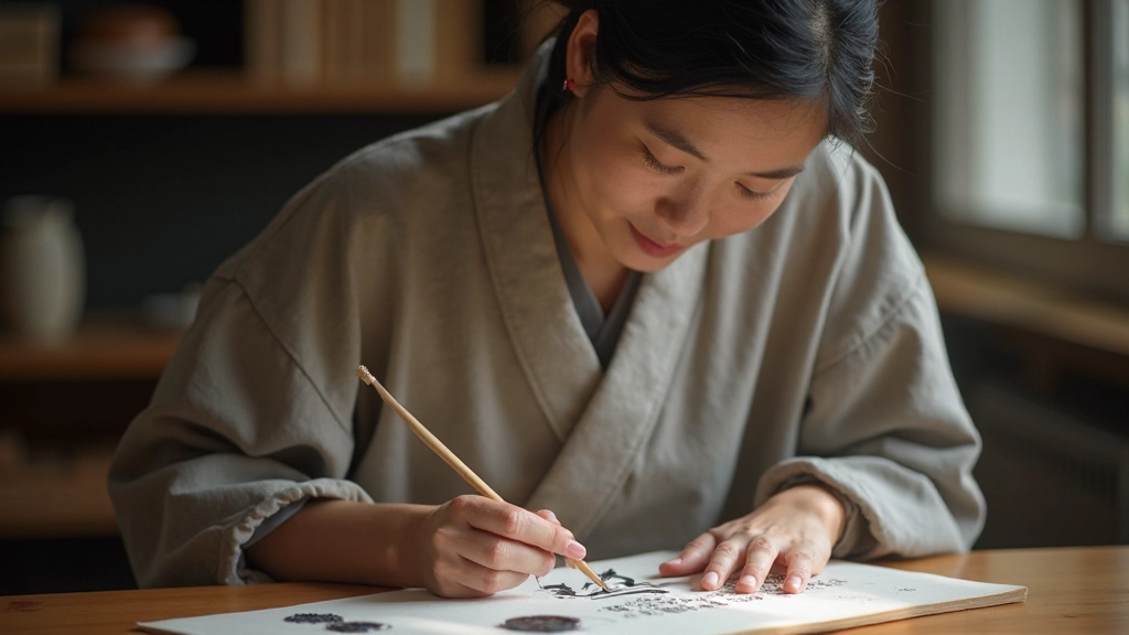 Professional woman engaged in calligraphy practice demonstrating focused learning and skill development
