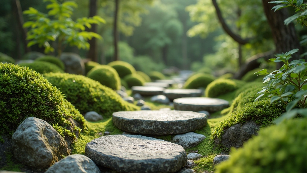 Japanese garden with stepping stones representing the path of continuous improvement and gradual progress through nature