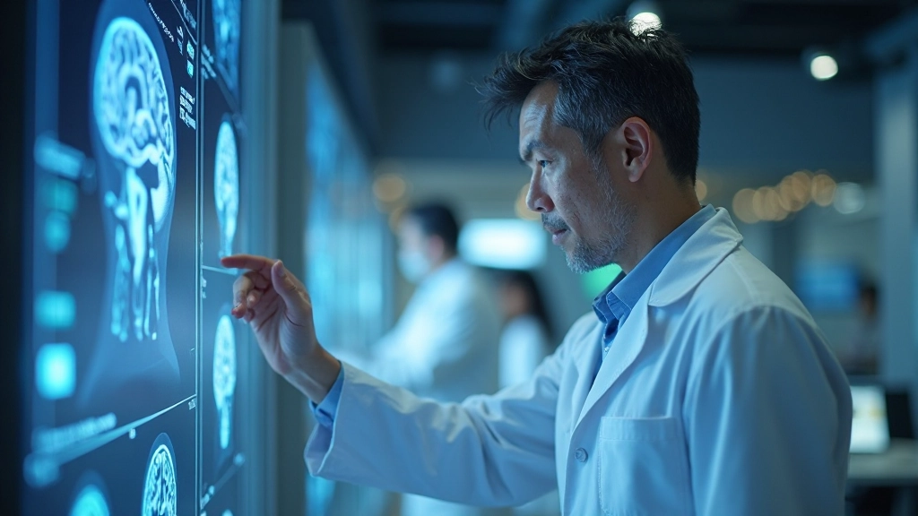 Professional neuroscientist examining brain scans and data in modern laboratory setting