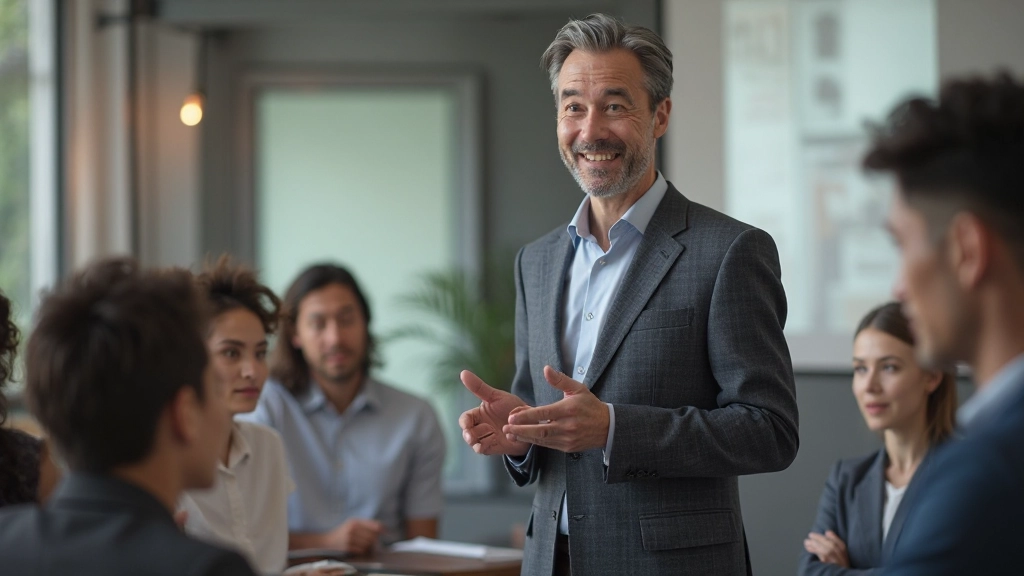 Experienced professional confidently teaching group of learners in interactive workshop setting