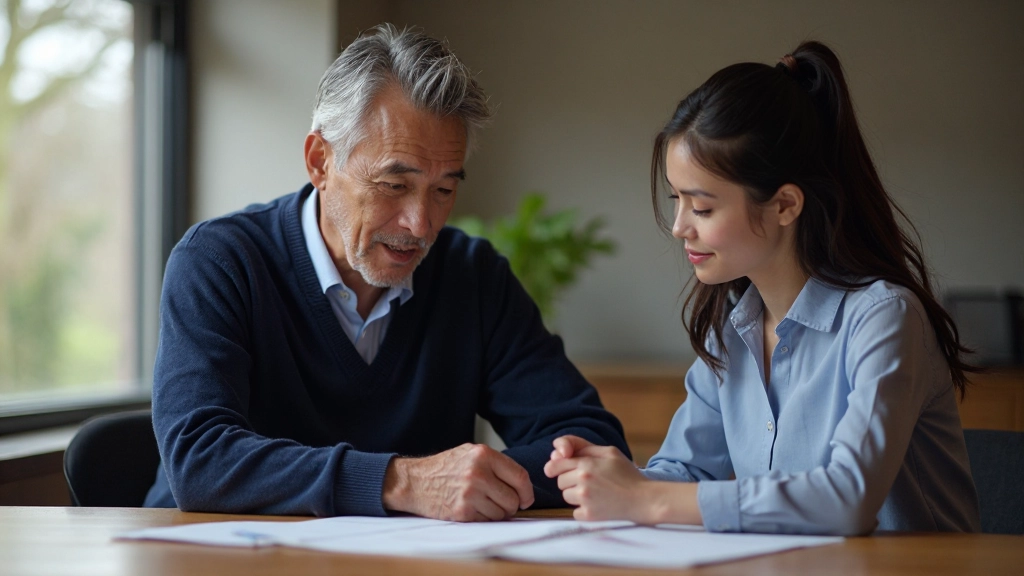 Two professionals engaged in thoughtful discussion in a serene Japanese-inspired learning space with natural light