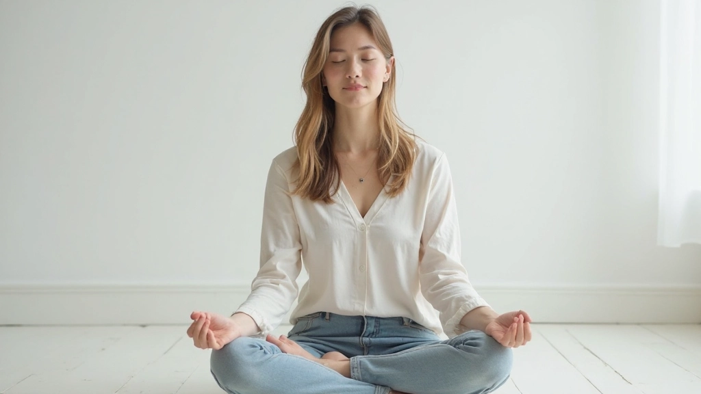Person practicing meditation with focus and peaceful demeanor in minimalist meditation room